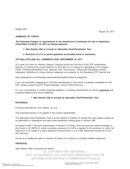 UL 844 BULLETIN-2017 UL Standard for Safety Luminaires for Use in Hazardous (Classified) Locations (COMMENTS DUE: SEPTEMBER 18, 2017)