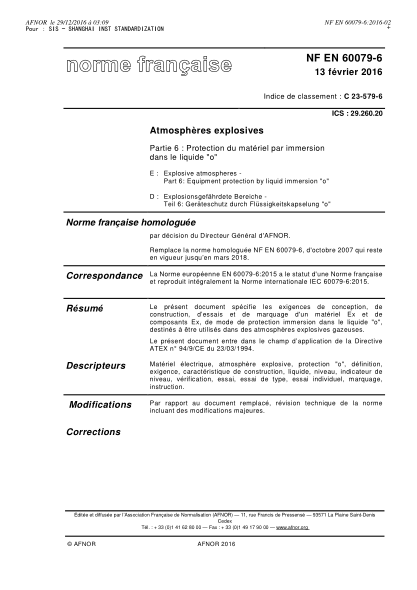 NF EN 60079-6-2016 Explosive atmospheres - Part 6 - equipment protection by liquid immersion "o"