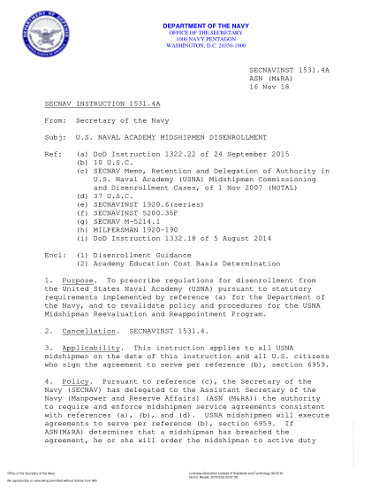 NIDS SECNAV 1531.4A-2018 (Asn (M&Ra)) U.S. Naval Academy Midshipmen Disenrollment