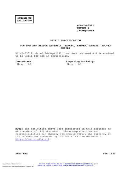 NAVY MIL-T-85512 VALID NOTICE 2-2019 Tow Bar & Bridle Assembly, Target Banner, Aerial, Tdu-32 Series