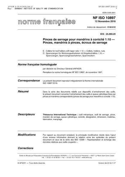 NF ISO 10897-2016   Collets for tool holders with taper ratio 1-10 - Collets, holders, nuts