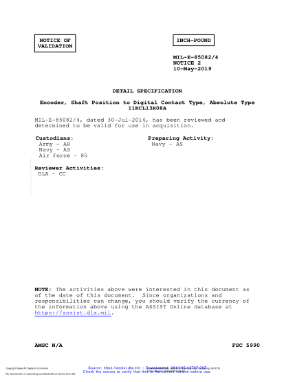 NAVY MIL-E-85082/4 VALID NOTICE 2-2019 Encoder, Shaft Position To Digital Contact Type, Absolute Type 11Kcl13R08A