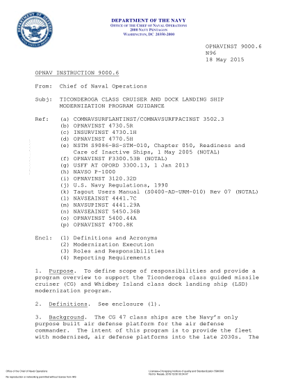NIDS OPNAV 9000.6-2015 (N96) Ticonderoga Class Cruiser And Dock Landing Ship Modernization Program Guidance