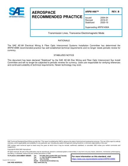 SAE ARP81490B-2020 Transmission Lines, Transverse Electromagnetic Mode