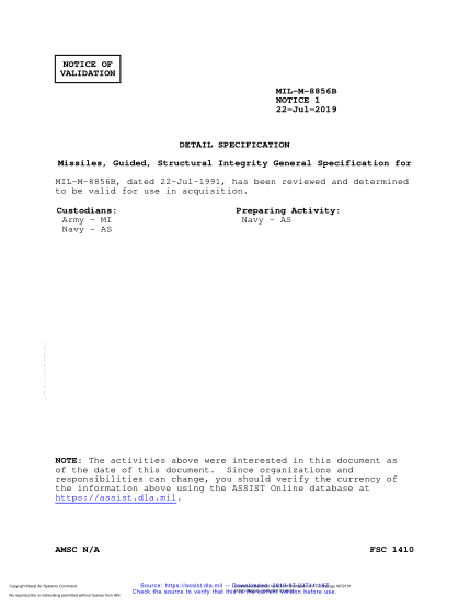 NAVY MIL-M-8856B VALID NOTICE 1-2019 Missiles, Guided, Structural Integrity General Specification For