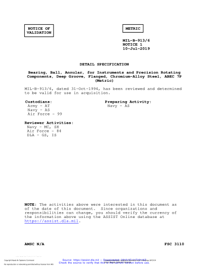 NAVY MIL-B-913/6 VALID NOTICE 1-2019 Bearing, Ball, Annular, For Instruments And Precision Rotating Components, Deep Groove, Flanged, Chromium-Alloy Steel, Abec 7P (Metric)