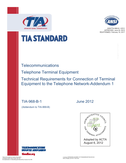 TIA 968-B-1-2012(R2017) Telecommunications Telephone Terminal Equipment Technical Requirements for Connection of Terminal Equipment to the Telephone Network-Addendum 1 (Addendum to TIA-968-B)