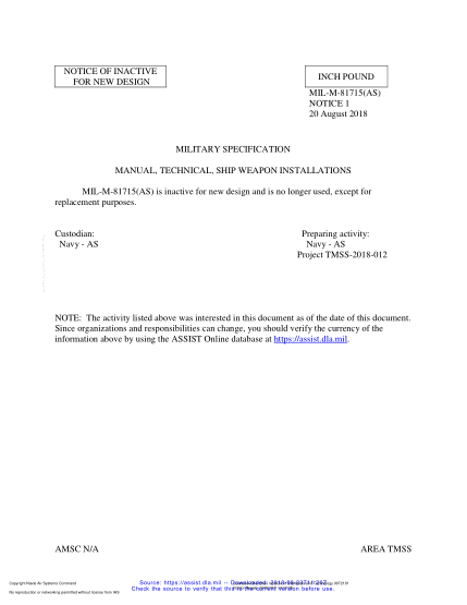 NAVY MIL-M-81715 NOTICE 1-2018 Manual, Technical, Ship Weapon Installations