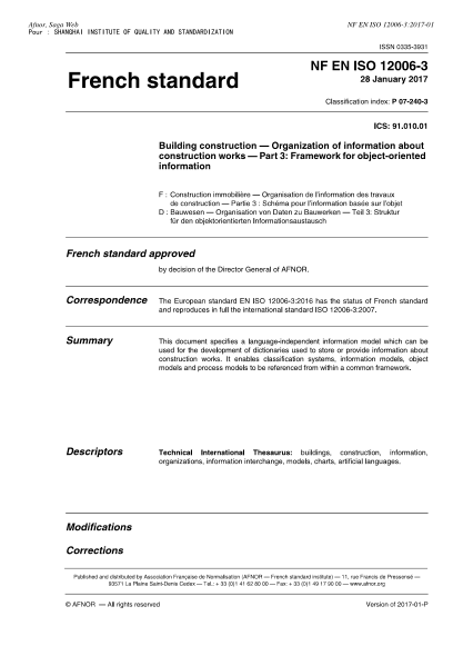 NF P07-240-3-2017 Building construction - Organization of information about construction works - Part 3 : framework for object-oriented information