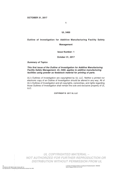 UL SUBJECT 3400-2017 Ul Outline For Investigation Additive Manufacturing Facility Safety Management (Issue 1)