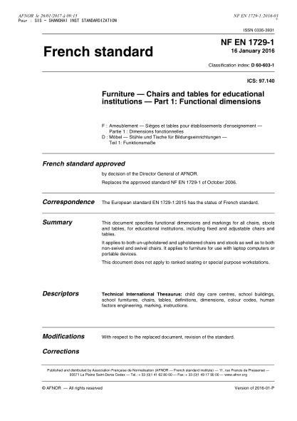 NF EN 1729-1-2016 Furniture - Chairs and tables for educational institutions - Part 1 - functional dimensions