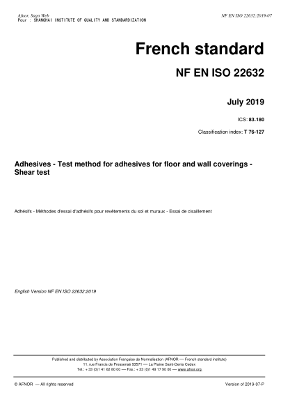 NF T76-127-2019 Adhesives - Test method for adhesives for floor and wall coverings - Shear test