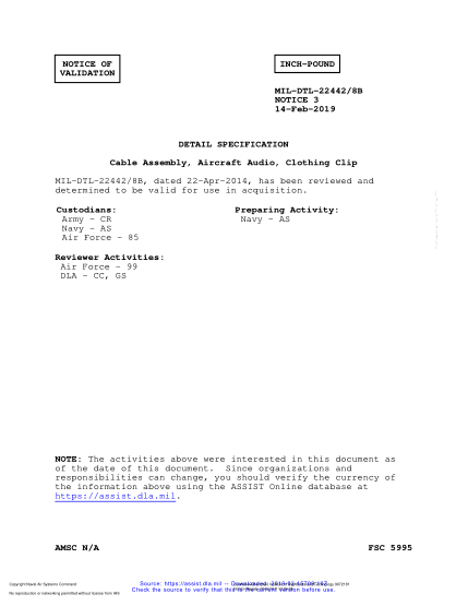 NAVY MIL-DTL-22442/8B VALID NOTICE 3-2019 Cable Assembly, Aircraft Audio, Clothing Clip
