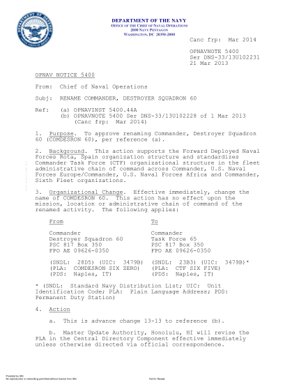 NIDS OPNAV NOTE 5400 13U102231-2013 (Ser Dns-33/13U102231) Rename Commander,Destroyer Squadron 60