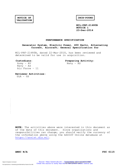 NAVY MIL-PRF-21480B VALID NOTICE 1-2014 Generator System, Electric Power, 400 Hertz, Alternating Current, Aircraft; General Specification for