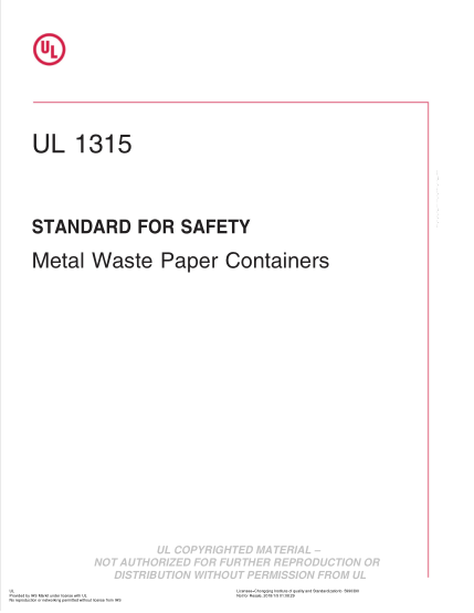 UL 1315-2017 Ul Standard For Safety Metal Waste Paper Containers (Second Edition)