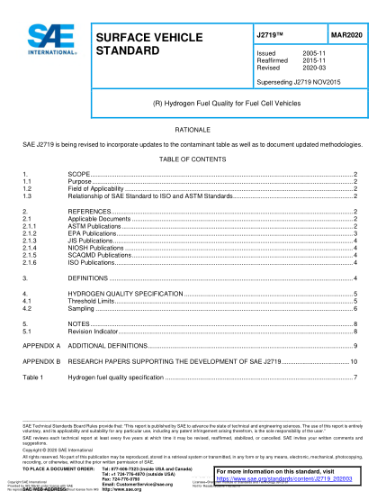 SAE J2719-2020 (R) Hydrogen Fuel Quality For Fuel Cell Vehicles