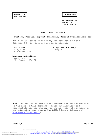 NAVY MIL-B-18013B VALID NOTICE 1-2019 Battery, Storage, Support Equipment, General Specification For