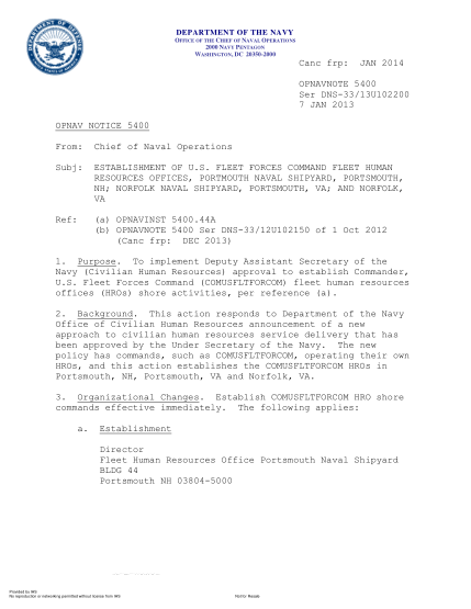 NIDS OPNAV NOTE 5400 13U102200-2013 (Ser Dns-33/13U102200) Establishment Of U.S. Fleet Forces Command Fleet Human Resources Offices,Portmouth Naval Shipyard,Portsmouth,Nh; Norfolk Naval Shipyard,Portsmouth,Va; And Norfolk,Va