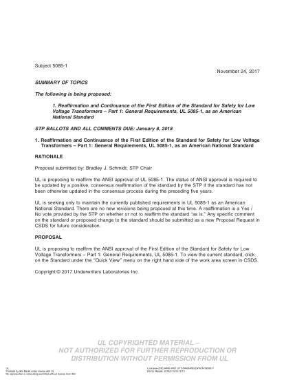 UL 5085-1 BULLETIN-2017 Ul Standard For Safety Low Voltage Transformers - Part 1: General Requirements (Comments Due: January 8, 2018)