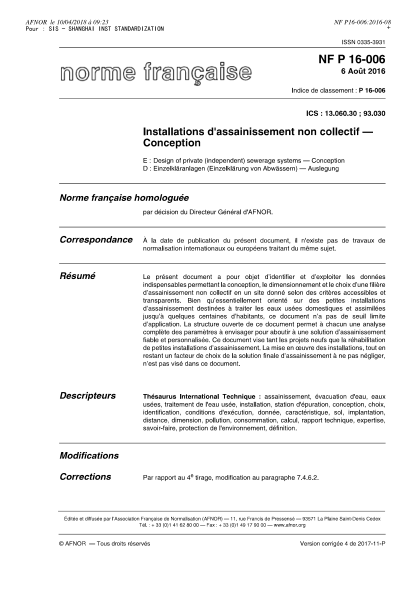 NF P16-006-2016 Design of private (independent) sewerage systems - Conception