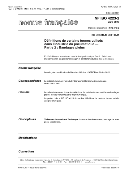 NF ISO 4223-2-2020 Definitions of some terms used in the tyre industry - Part 2 : solid tyres