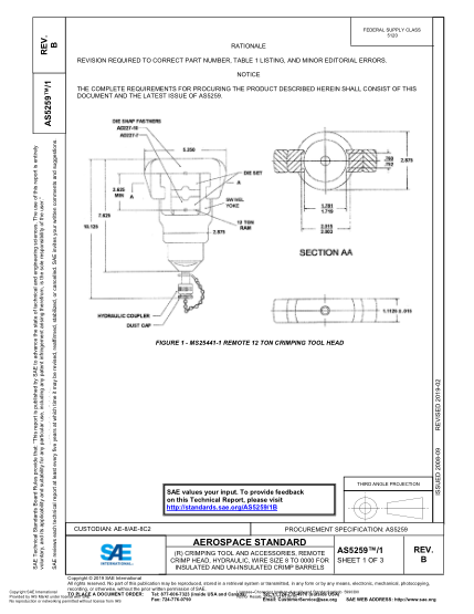 SAE AS5259/1B-2019 (R) Crimping Tool And Accessories, Remote Crimp Head, Hydraulic, Wire Size 8 To 0000 For Insulated And Un-Insulated Crimp Barrels