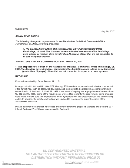 UL 2999 BULLETIN/2-2017 UL Standard for Safety Technical Panel for Office Furnishings (COMMENTS DUE: SEPTEMBER 11, 2017)