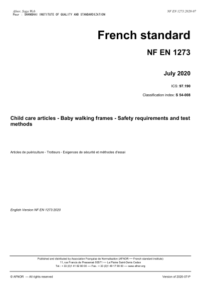 NF EN 1273-2020 Child care articles - Baby walking frames - Safety requirements and test methods