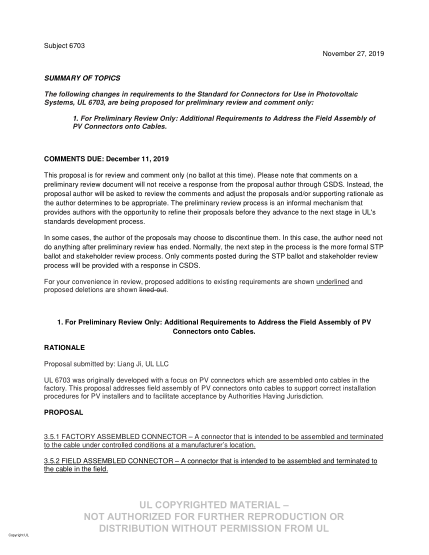 UL 6703 BULLETIN/2-2019 UL Standard For Safety Connectors For Use In Photovoltaic Systems (Comments Due: December 11, 2019)
