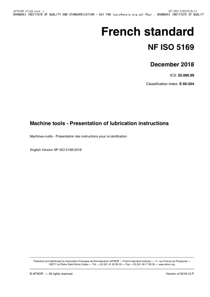 NF E60-204-2018 Machine tools - Presentation of lubrication instructions