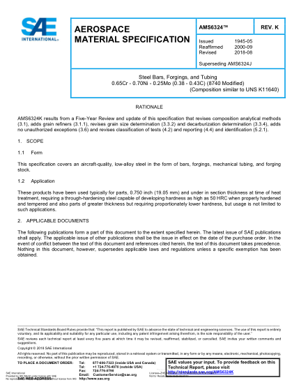 SAE AMS6324K-2018 Steel Bars, Forgings, And Tubing 0.65Cr - 0.70Ni - 0.25Mo (0.38 - 0.43C) (8740 Modified) (Uns K11640)