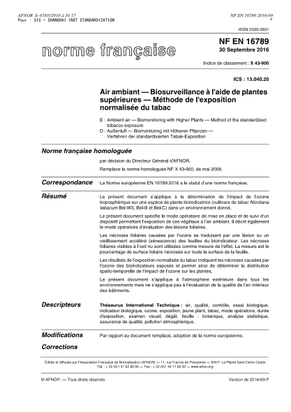 NF EN 16789-2016 Ambient air - Biomonitoring with higher plants - Method of the standardized tobacco exposure