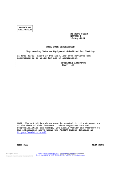 NAVY DI-NDTI-81323 VALID NOTICE 1-2014 Engineering Data On Equipment Submitted For Testing