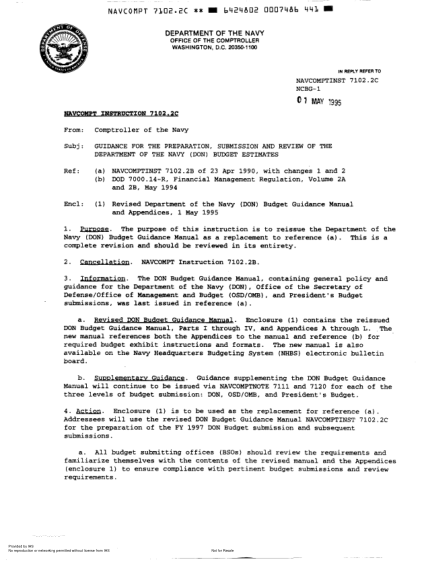 NIDS NAVCOMPT 7102.2C-1995 (Fmb-3) Guidance For The Preparation,Submission Amd Review Of The Department Of The Navy (Don) Budget Estimates