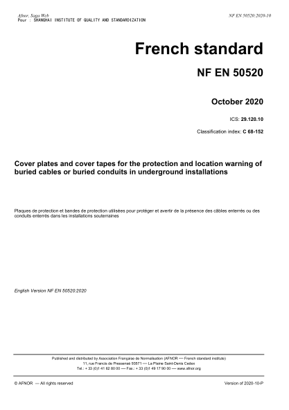 NF C68-152-2020 Cover plates and cover tapes for the protection and location warning of buried cables or buried conduits in underground installations