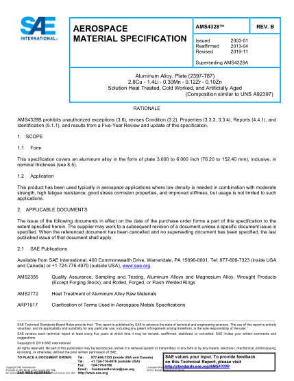 SAE AMS4328B-2019 Aluminum Alloy, Plate (2397-T87) 2.8Cu - 1.4Li - 0.30Mn - 0.12Zr - 0.10Zn Solution Heat Treated, Cold Worked, And Artificially Aged (Uns A92397)