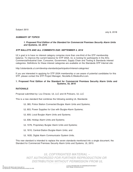 UL 2610 BULLETIN-2018 UL Standard For Safety Commercial Premises Security Alarm Units And Systems (Comments Due: September 4, 2018)