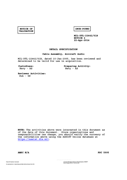NAVY MIL-DTL-22442/61B VALID NOTICE 2-2014 Cable Assembly,Aircraft Audio