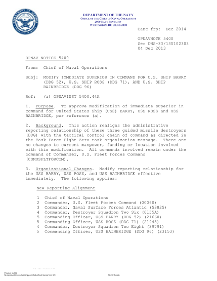 NIDS OPNAV NOTE 5400 13U102303-2013 (Ser Dns-33/13U102303) Modify Immediate Superior In Command For U.S. Ship Barry (Ddg 52),U.S. Ship Ross (Ddg 71),And U.S. Ship Bainbridge (Ddg 96)