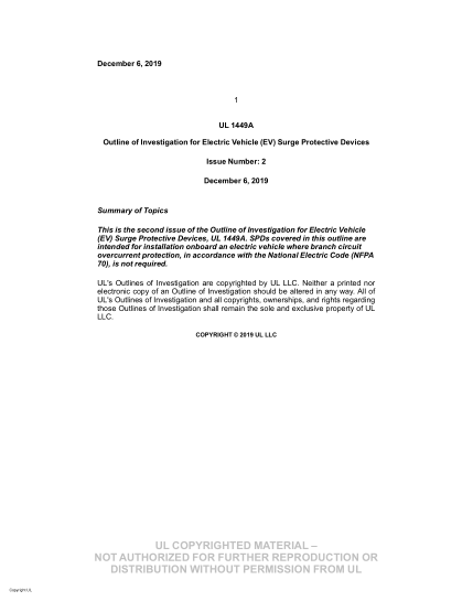 UL SUBJECT 1449A/2-2019 Ul Outline Of Investigation For Electric Vehicle (Ev) Surge Protective Devices (Issue 2)