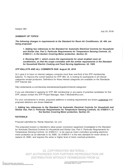 UL 484 BULLETIN/2-2018 UL Standard For Safety Room Air Conditioners (Comments Due: August 20, 2018)