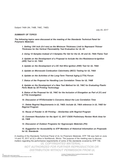 UL 746A BULLETIN/2-2017 UL Standard for Safety Polymeric Materials – Short Term Property Evaluations