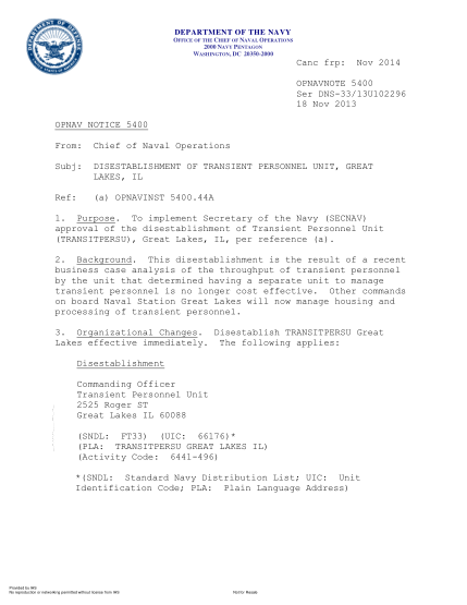 NIDS OPNAV NOTE 5400 13U102296 6-2013 (Ser Dns-33/13U102296) Disestablishment Of Transient Personnel Unit,Great Lakes,Il