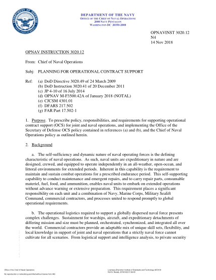 NIDS OPNAV 3020.12-2018 (N4) Planning For Operational Contract Support
