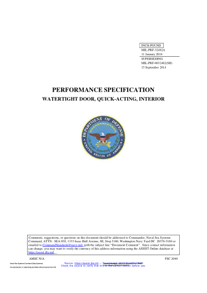 NAVY MIL-PRF-32482A-2016 Watertight Door,Quick-Acting,Interior