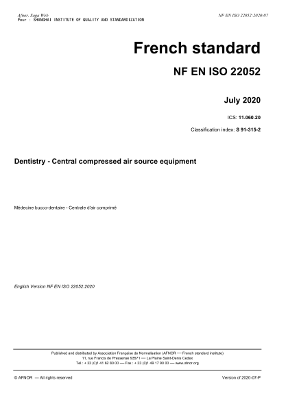NF S91-315-2-2020 Dentistry - Central compressed air source equipment
