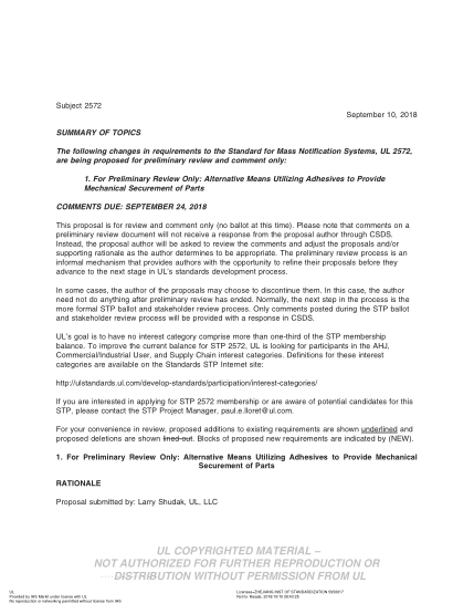 UL 2572 BULLETIN-2018 UL Standard for Safety Mass Notification Systems (COMMENTS DUE: SEPTEMBER 24, 2018)