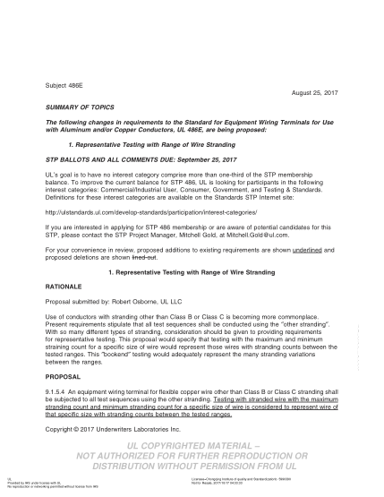 UL 486E BULLETIN/2-2017 UL Standard for Safety Equipment Wiring Terminals for Use with Aluminum and/or Copper Conductors (COMMENTS DUE: September 25, 2017)