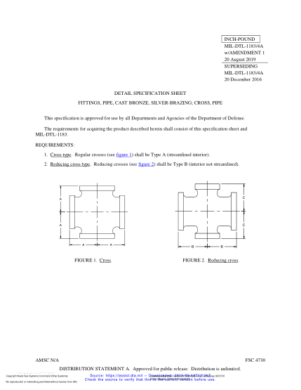 NAVY MIL-DTL-1183/4A (1)-2019 Fittings, Pipe, Cast Bronze, Silver-Brazing; Cross, Pipe